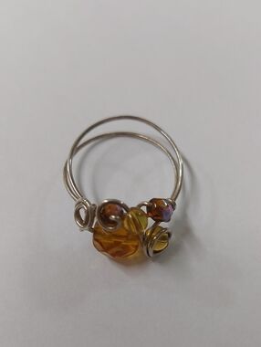 Silver Wire Ring with Amber and Golden Beads